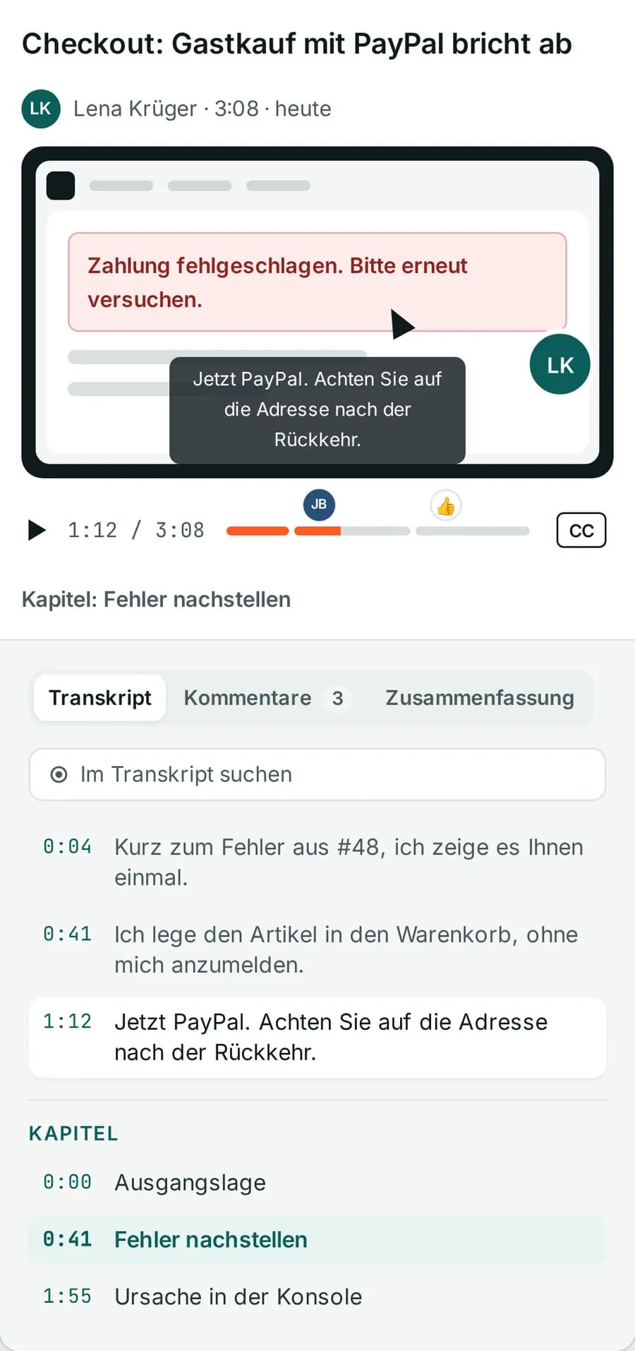 Agile Clips: Bildschirmvideo mit Transkript und Kapiteln