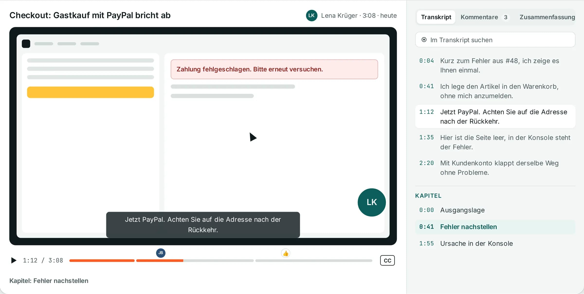 Agile Clips: Bildschirmvideo mit Transkript und Kapiteln