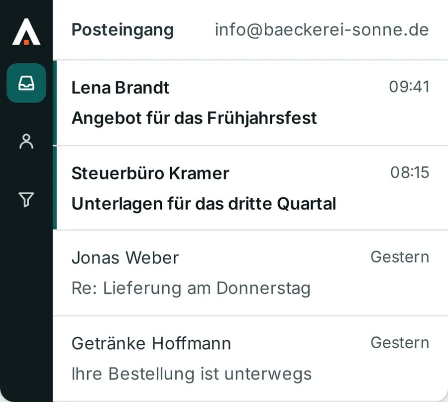 Agile E-Mail: Posteingang eines Beispielunternehmens mit eigener Domain