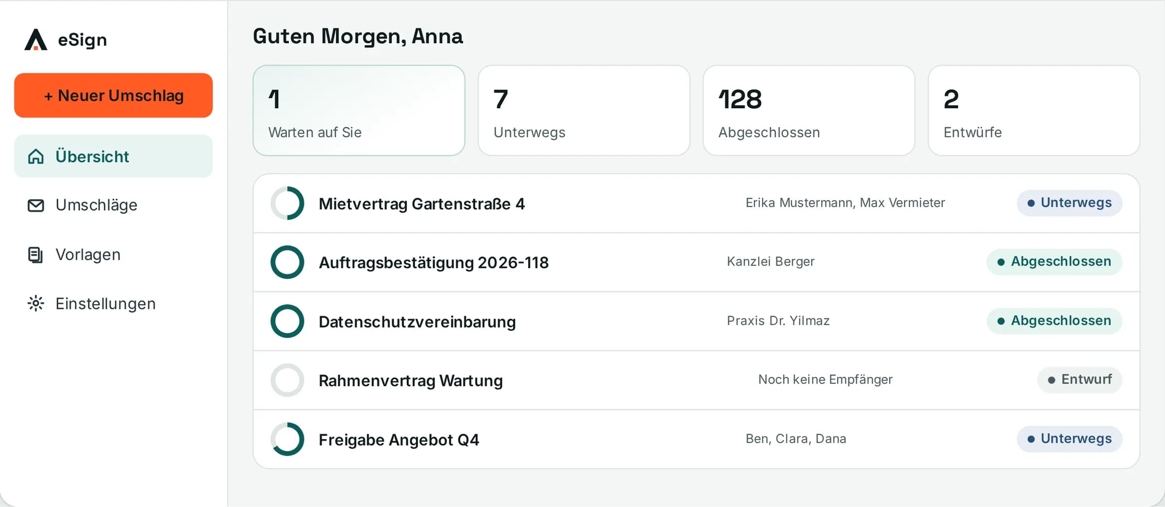 Agile eSign: Übersicht der Umschläge zur Unterschrift