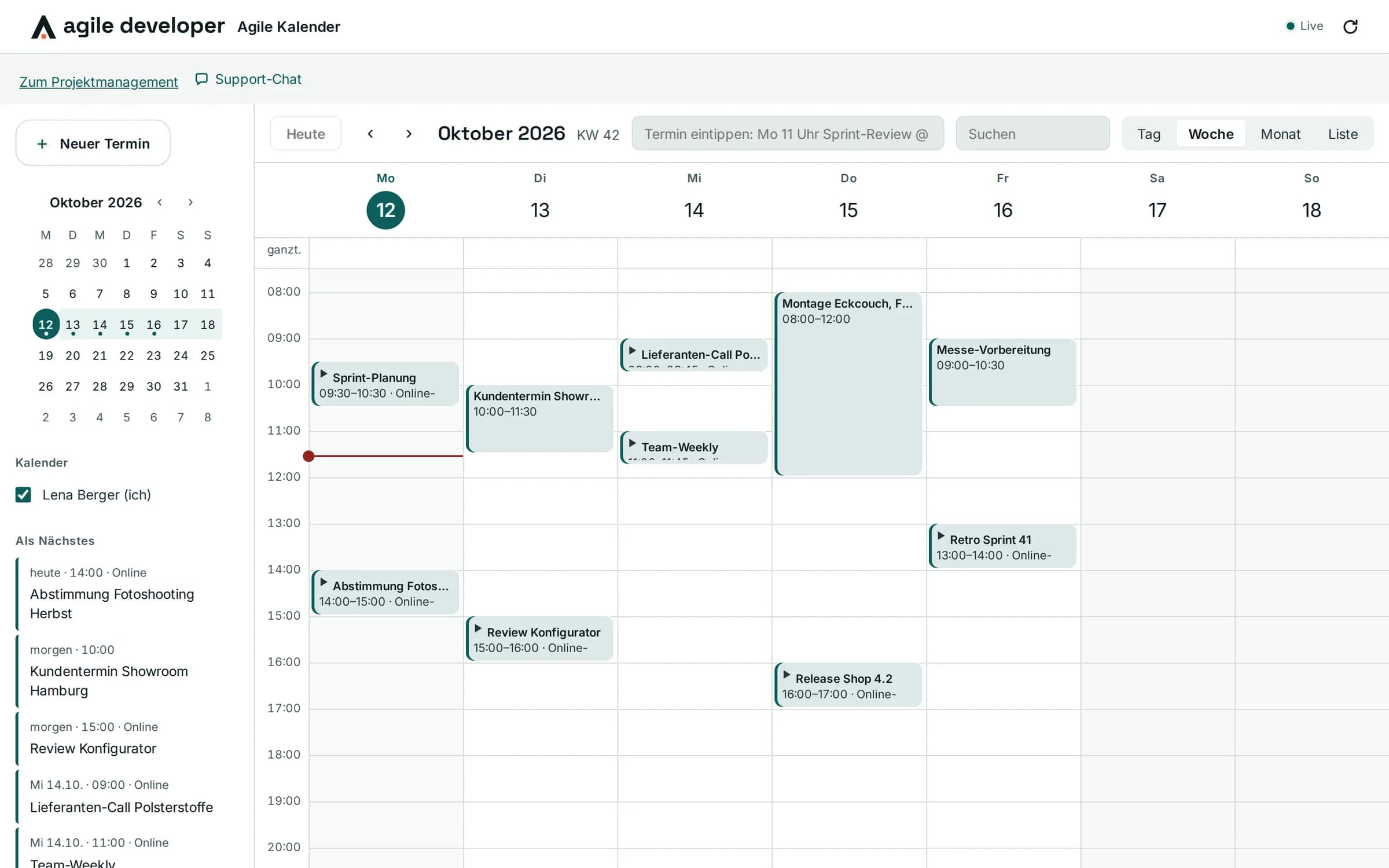 Agile Kalender: Wochenansicht mit Terminen