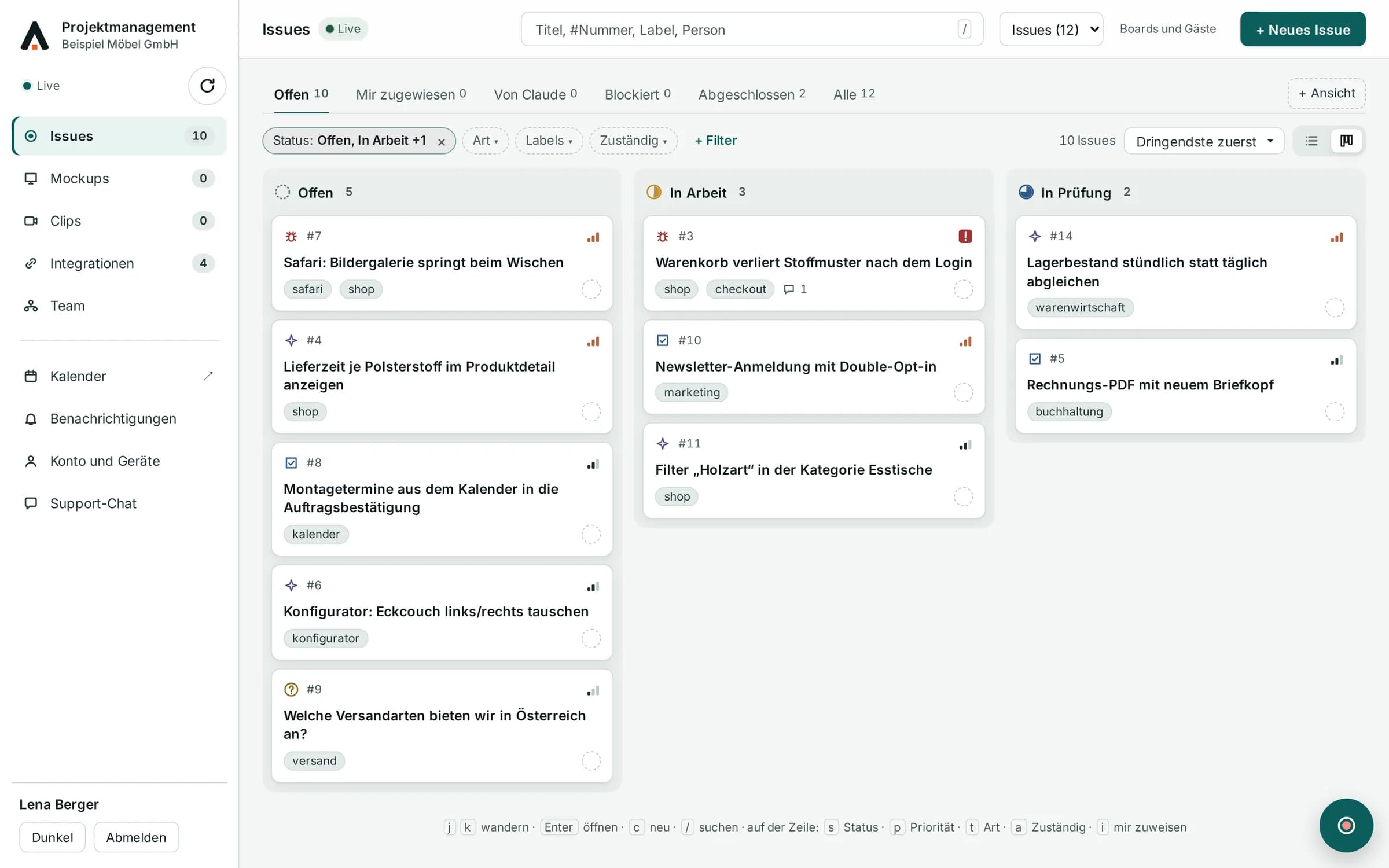 Agile Projektmanagement: Board mit Aufgaben eines Beispielunternehmens