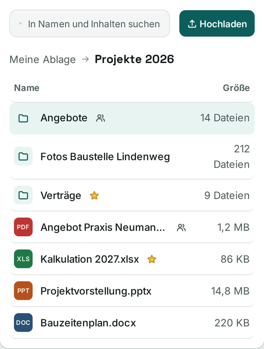 Agile Storage: Dateiliste eines Projektordners