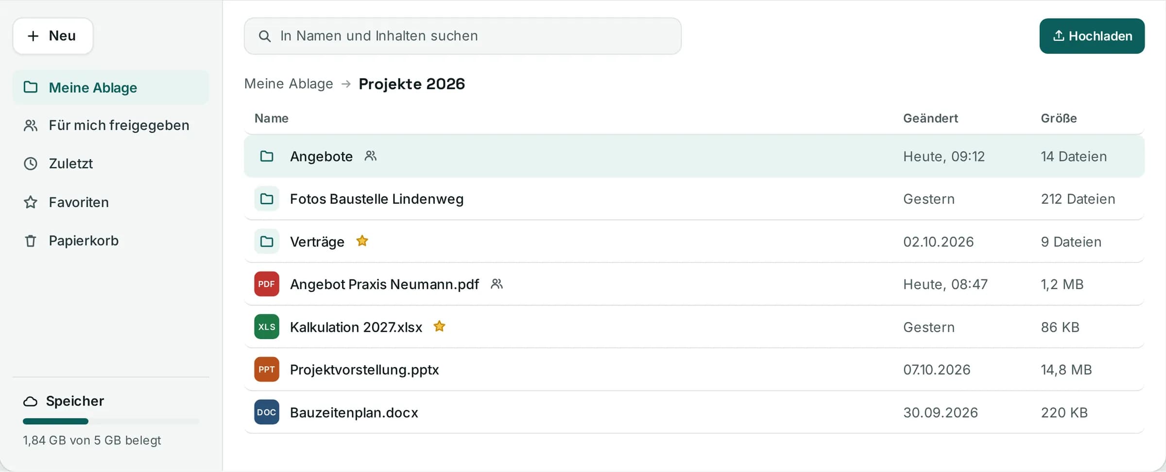 Agile Storage: Dateiliste eines Projektordners